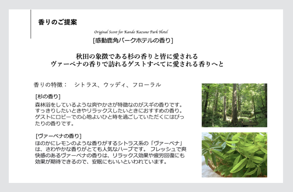 ホテルオリジナルの香りの提案資料。杉の森林浴とヴァーベナの爽やかさを組み合わせた香りの特徴が説明されています
