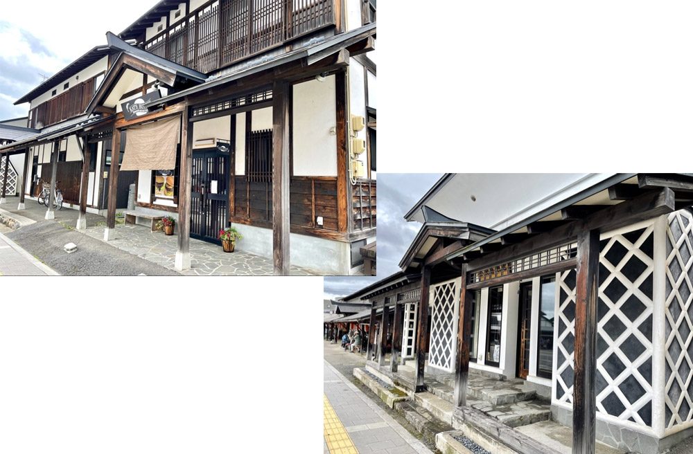 木造二階建ての店舗や格子模様の白壁が特徴的な建物といった伝統的な日本家屋が並ぶ古い街並み